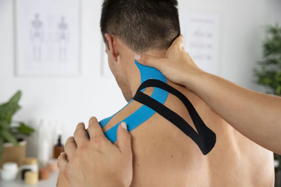 Applicazione di kinesiotaping sul collo di una paziente nello studio di fisioterapia